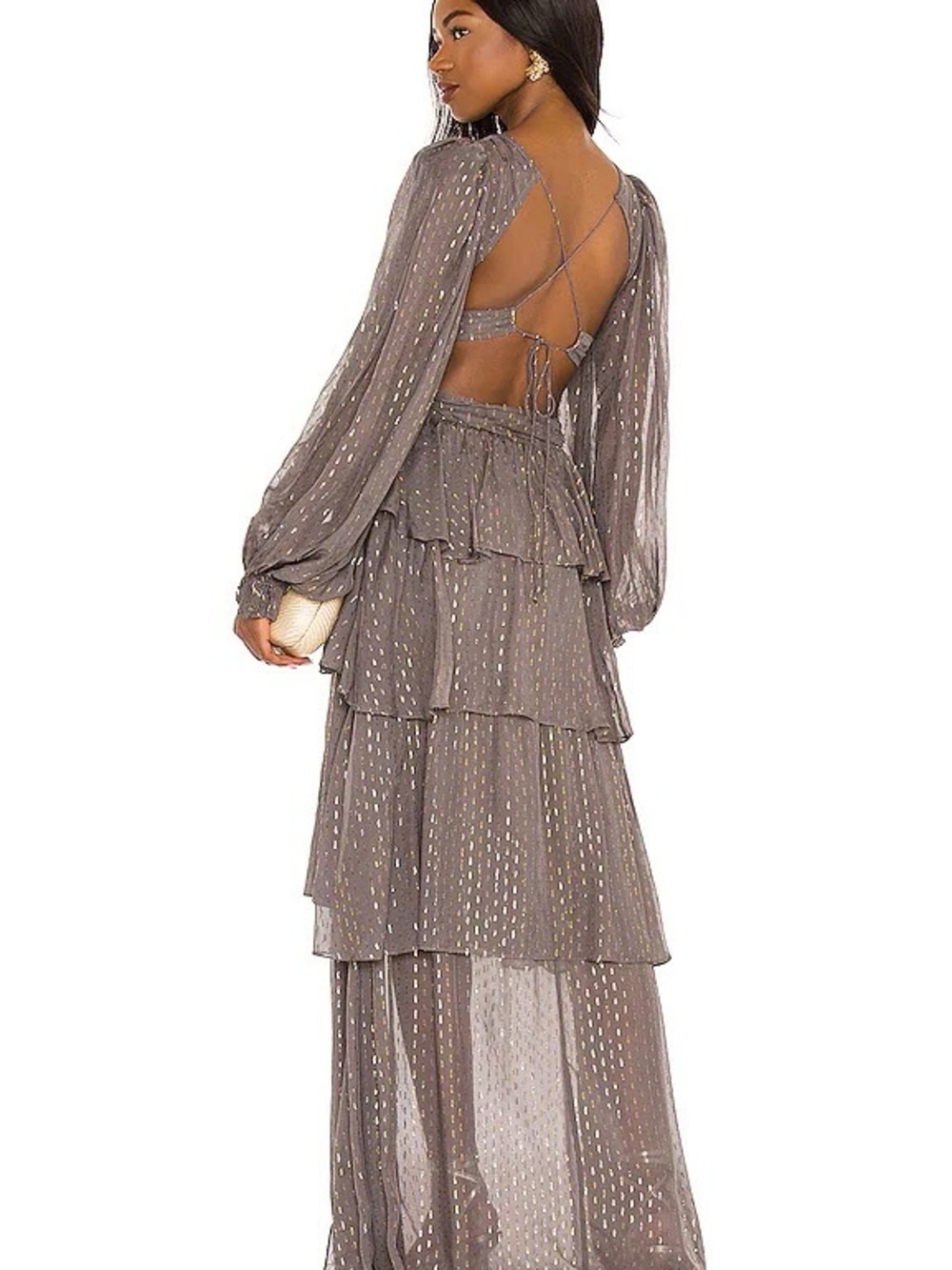 For Love & Lemons Taupe Maxi Dress with Gold Dot Detail - Picture 4 of 7